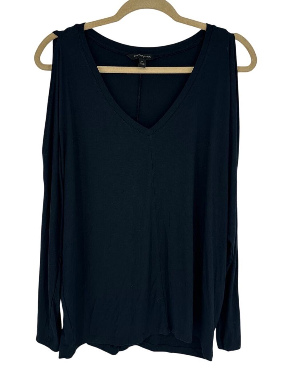 Banana Republic‎ Top M Blue Cold Shoulder Blouse Long Sleeve Knit Stretch Office